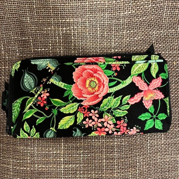 Handbags - Vera Bradley Night and Day Floral Quilted Zip Around Accordion Wallet Black Pink